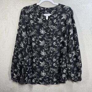 Denim & Co Button Up Blouse Black Floral Women's XL Lightweight QVC